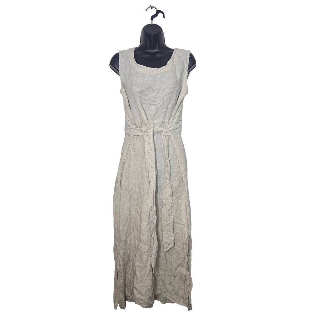 Marina Gigli Linen Dress Size Medium Sleeveless Eyelet Tie Waist